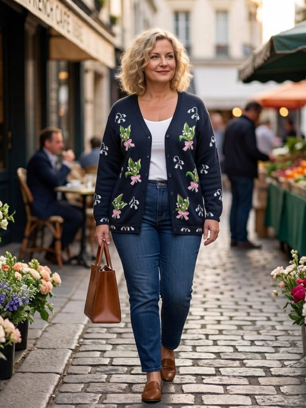 Quacker Factory 3X Vintage Floral Lily of the Valley Navy Knit Cardigan Sweater